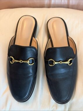 Black Leather Slip-On Women's Mules with Gold Bit Accent
